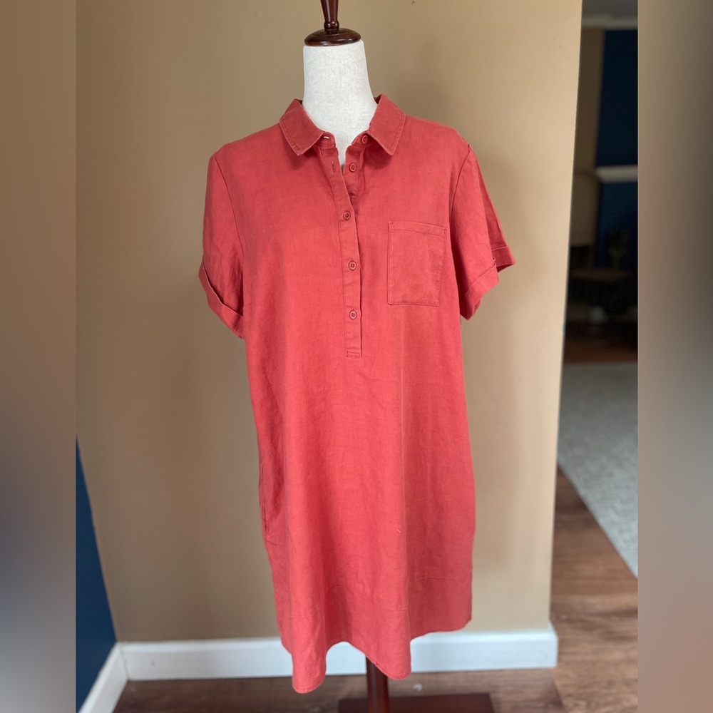 Garnet Hill Linen Shirt Shift Dress Size XL Terra Cotta Short Sleeved #